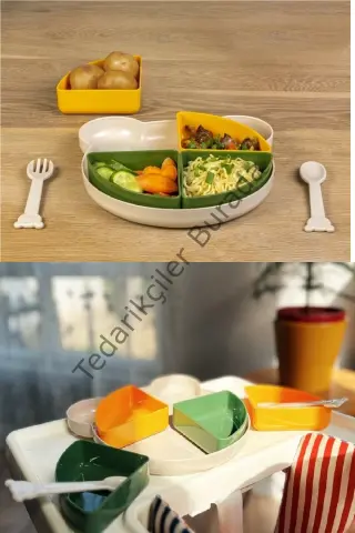Tabldot Mama Tabağı Çıkarılabilir Kaseli -tepsili 4 Bölmeli Çatal Kaşıklı Ayıcık Beslenme Kabı