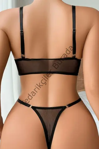 Siyah Transparan Tül Bralet Tanga İç Giyim Takımı Tm1383