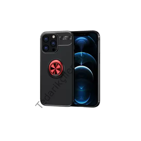 Apple İphone 13 Pro Max Kılıf Range Yüzüklü Silikon - Siyah-kırmızı