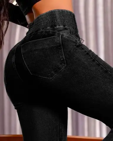Kadın Yüksek Bel Yanları Lastik önü Düğmeli Kot Pantolon