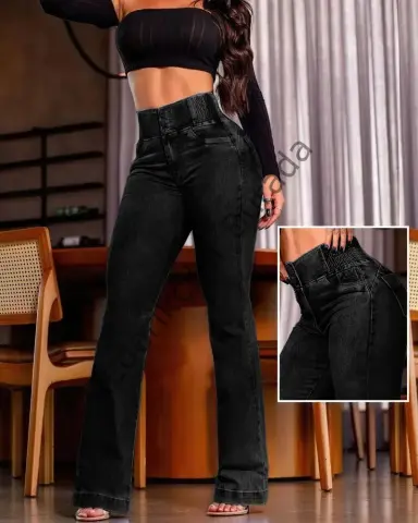 Kadın Yüksek Bel Yanları Lastik önü Düğmeli Kot Pantolon