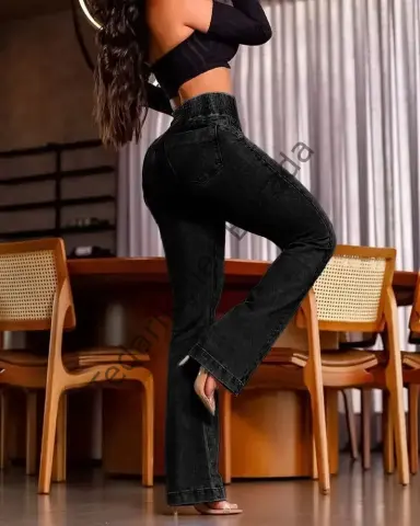 Kadın Yüksek Bel Yanları Lastik önü Düğmeli Kot Pantolon
