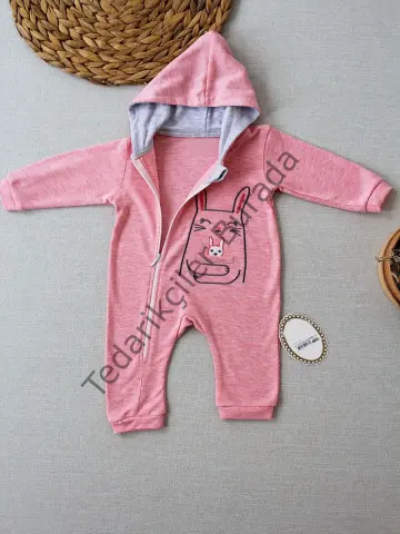 6-9 9-12 Ay Ef Çizgi Boy Fermuarlı Tavşan Nakışlı Kapşonlu Kız Erkek Bebek Tulumu