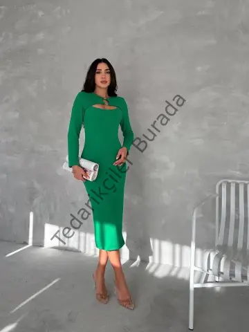Kadın Uzun Kollu Halka Ve Pencere Dekolte Detay Fırsat ürün Midi Boy Elbise
